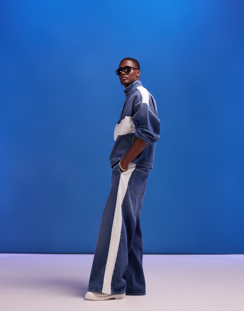 ASOS DESIGN co-ord extreme wide leg jeans with white panels in 90's mid wash blue - view 1