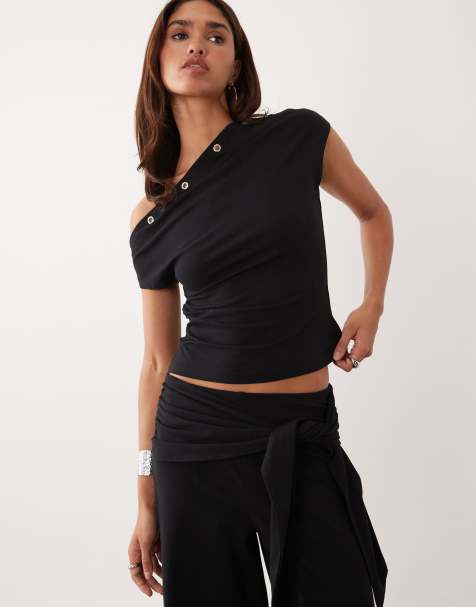 ASOS DESIGN co-ord eyelet detail off the shoulder top in black - view 1