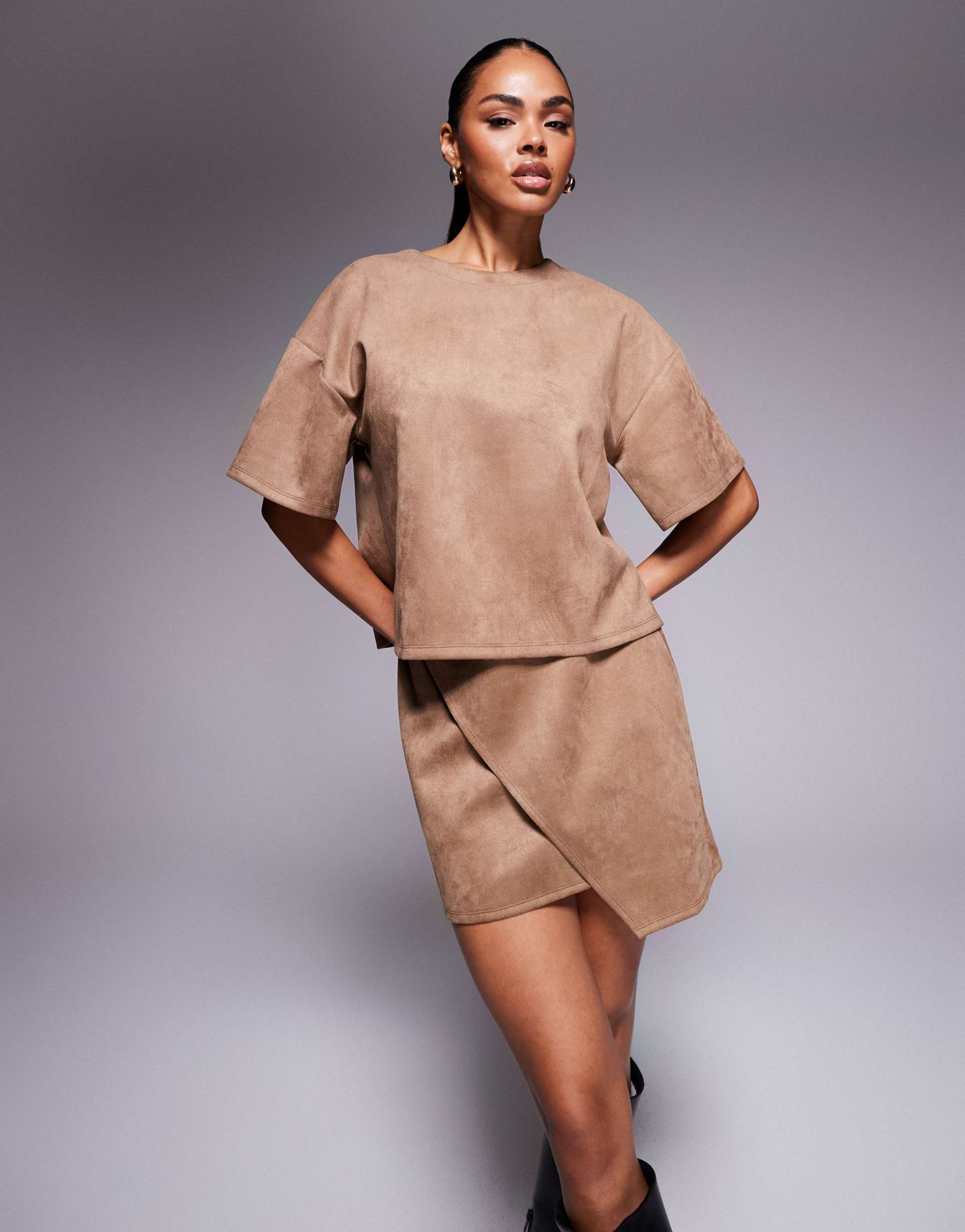 ASOS DESIGN co-ord faux suede asymmetric mini skirt in tobacco