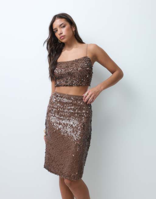 ASOS DESIGN co-ord feather sequin midi skirt in chocolate, 2 of 5