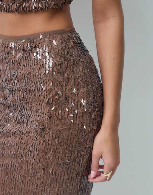 ASOS DESIGN co-ord feather sequin midi skirt in chocolate, 3 of 5