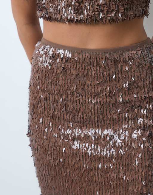 ASOS DESIGN co-ord feather sequin midi skirt in chocolate, 5 of 5