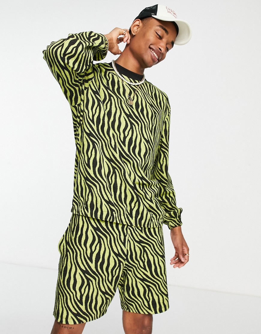 ASOS DESIGN co-ord festival sweatshirt in green and black zebra print-Multi