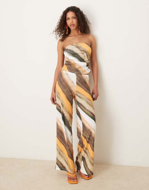 ASOS DESIGN co-ord fitted ruched bandeau and wide leg trouser in abstract print - view 1