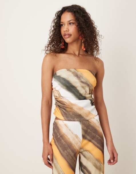 ASOS DESIGN co-ord fitted ruched bandeau in abstract print - view 1