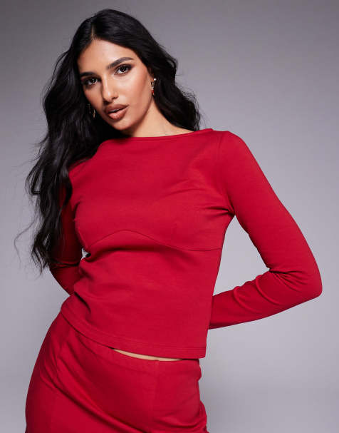 ASOS DESIGN co-ord fitted top with under bust seam detail in red - view 1