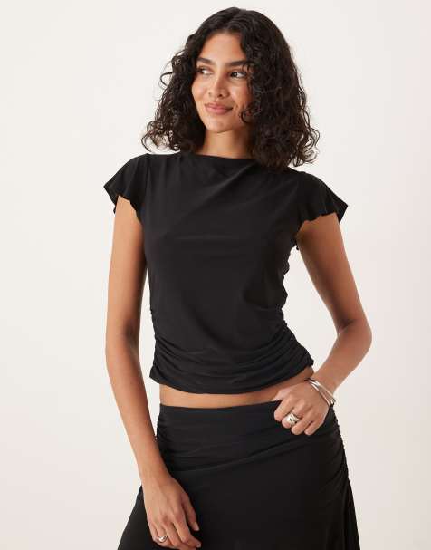 ASOS DESIGN co-ord floaty top with cap sleeve and ruched under bust in black - view 1