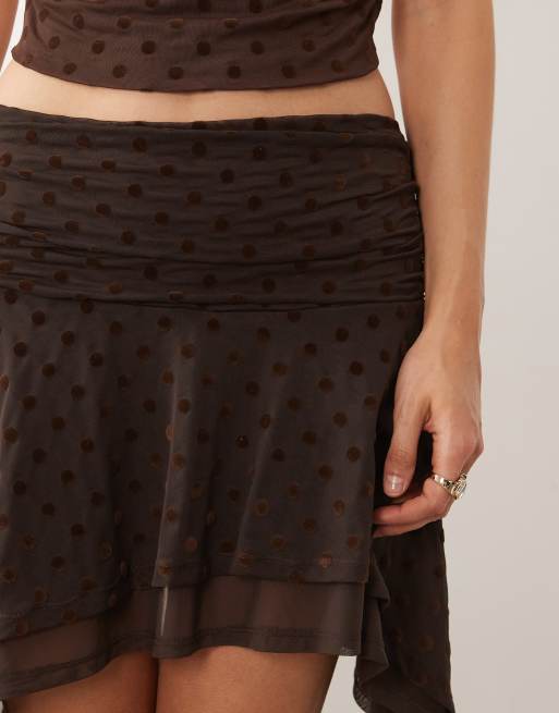 ASOS DESIGN co-ord flocked layered hanky hem skirt in brown, 4 of 5