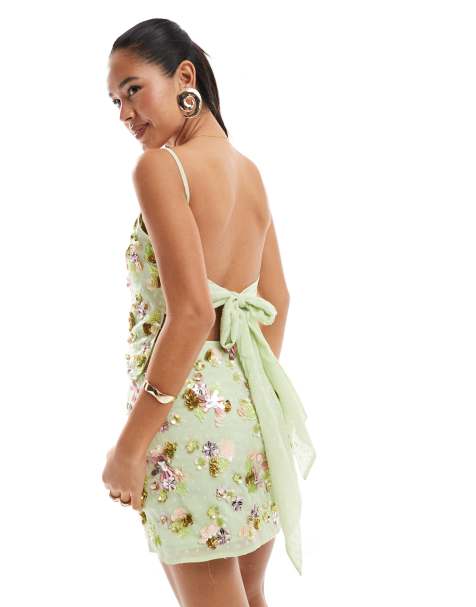 ASOS DESIGN co-ord floral embellished top with with back detail in green - view 1