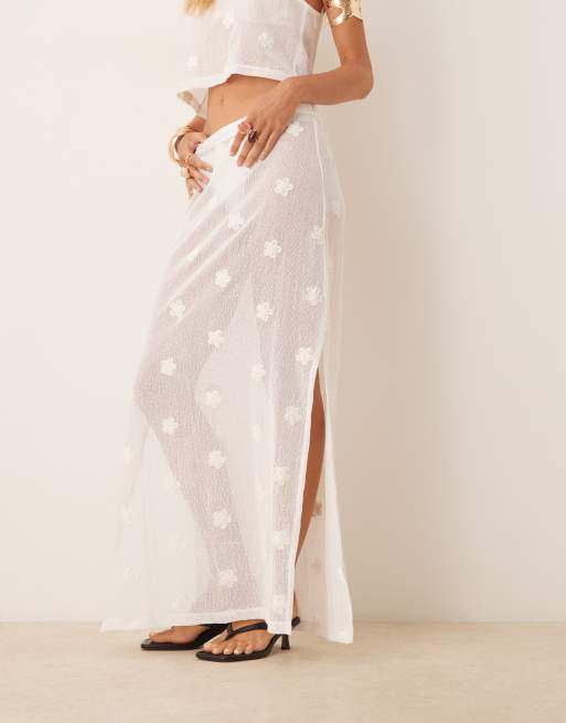 ASOS DESIGN co-ord floral embroidered tie side detail maxi skirt in white, 2 of 5