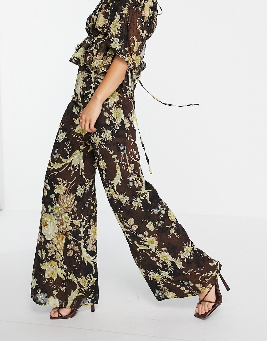 ASOS DESIGN co-ord floral wide leg trouser with lace insert detail in multi