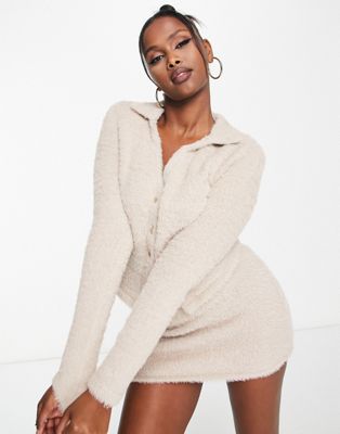 ASOS DESIGN co-ord fluffy long sleeve shirt in stone