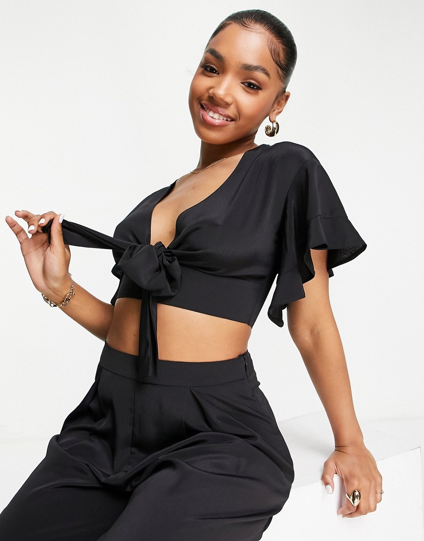 ASOS DESIGN co-ord flutter sleeve crop top with tie front in black