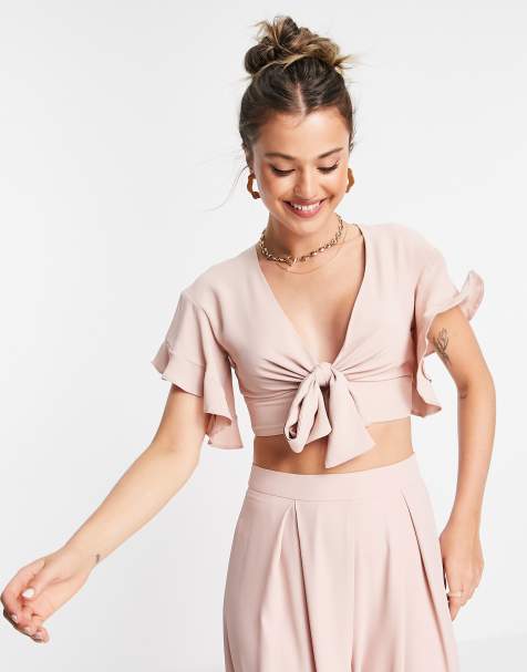 ASOS DESIGN co-ord flutter sleeve crop top with tie front in blush - view 1