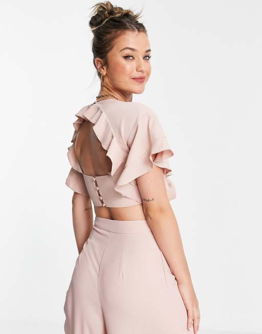 ASOS DESIGN co-ord flutter sleeve crop top with tie front in blush, 2 of 4