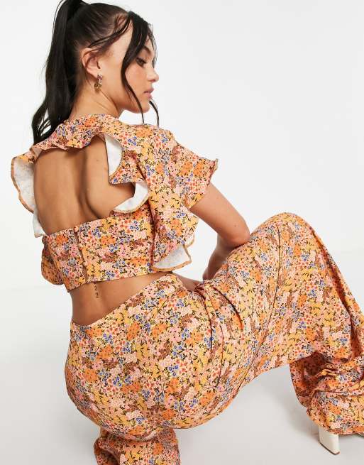 ASOS DESIGN Co-ord flutter sleeve crop top with tie front in floral print, 3 of 4