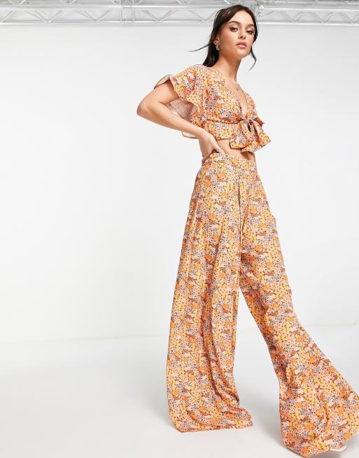ASOS DESIGN Co-ord flutter sleeve crop top with tie front in floral print, 4 of 4