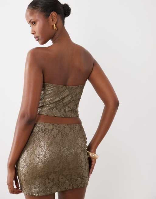 ASOS DESIGN co-ord foiled lace corset top in khaki, 4 of 4