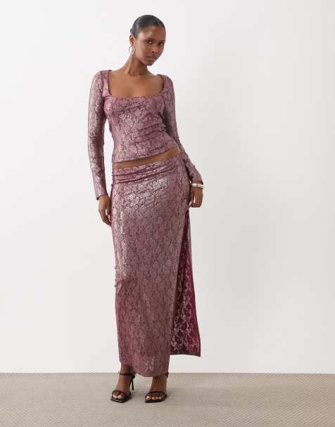 ASOS DESIGN co-ord foiled lace high split midi pencil skirt in burgundy - view 1