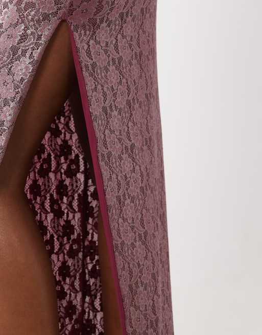 ASOS DESIGN co-ord foiled lace high split midi pencil skirt in burgundy, 3 of 5