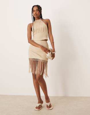 ASOS DESIGN co-ord fringed halter neck top and mini skirt in stone - view 1