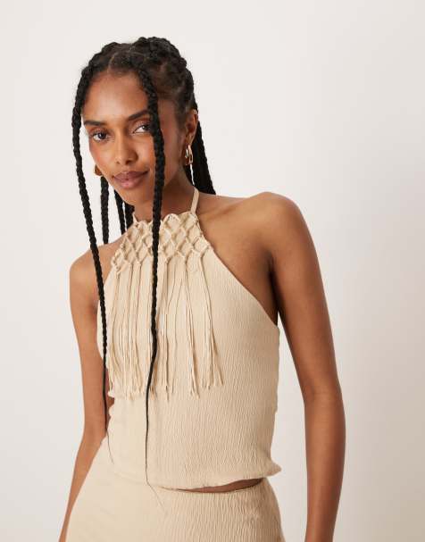 ASOS DESIGN co-ord fringed halter neck top in stone - view 1