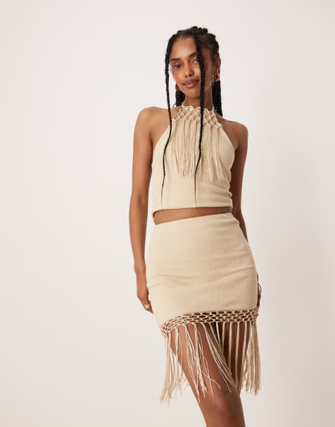 ASOS DESIGN co-ord fringed hem mini skirt in stone - view 1