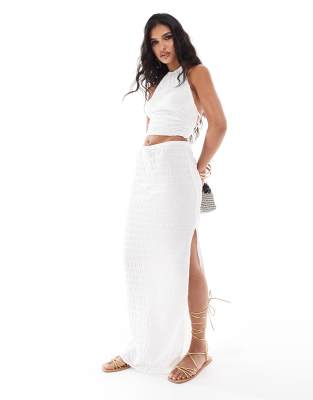 ASOS DESIGN co-ord gathered midi skirt with split in ivory-White