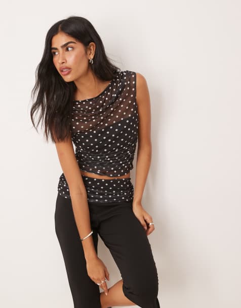 ASOS DESIGN co-ord gathered short sleeve off shoulder mesh top in black polka dot - view 1