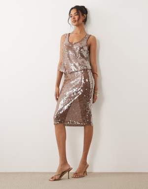 ASOS DESIGN co-ord glass sequin pencil midi skirt in brown
