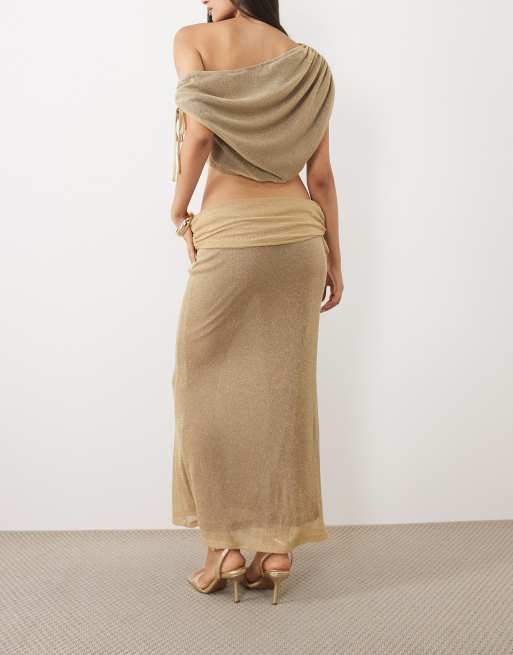 ASOS DESIGN co-ord glimmerstrikket maxinederdel med rynkedetaljer i guld, 5 af 5