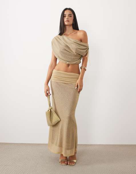 ASOS DESIGN co-ord glitter knit ruched maxi skirt in gold - view 1