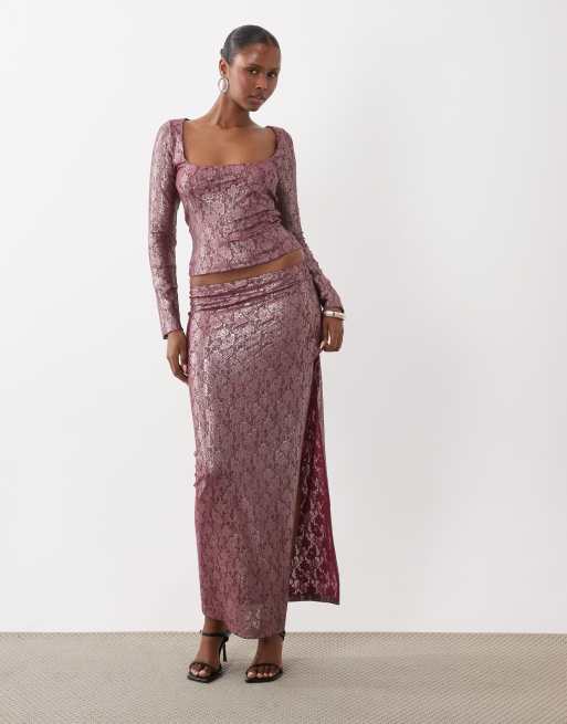 ASOS DESIGN - Coordinato bordeaux con gonna e top in pizzo, 3 di 3