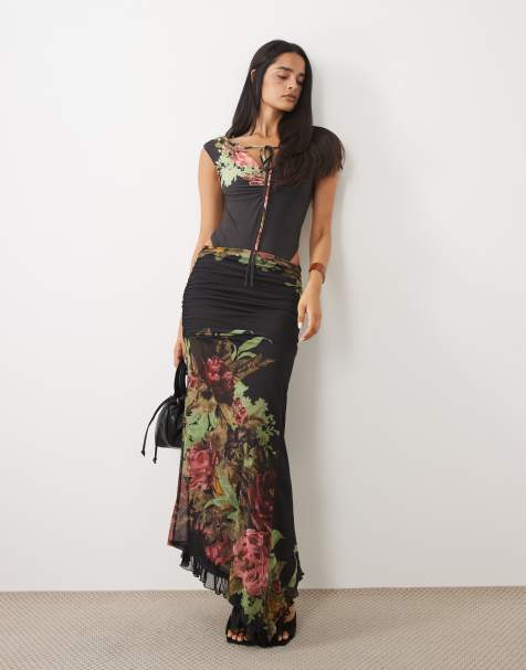 ASOS DESIGN co-ord gonna midi asimmetrica in rete con stampa floreale nera - view 1