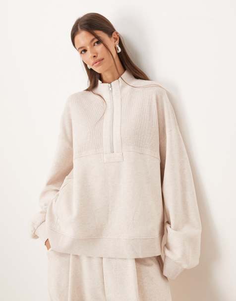 ASOS DESIGN co-ord half zip sweatshirt with waffle panel detail in oatmeal marl - view 1
