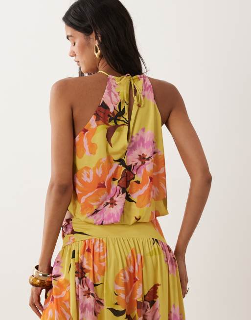 ASOS DESIGN co-ord halterneck-top med ballonkant i gul blomsterprint, 4 af 4