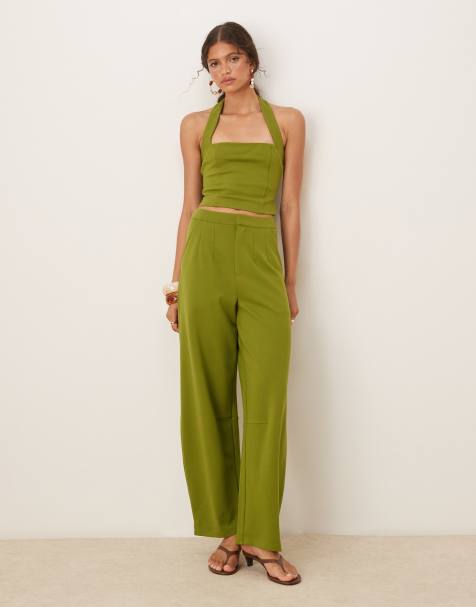 ASOS DESIGN co-ord heavyweight ponte halter neck top and barrel leg trouser in khaki - view 1