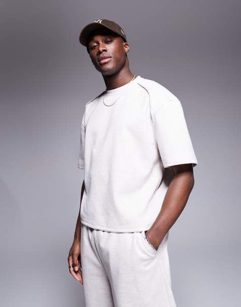 ASOS DESIGN co-ord heavyweight scuba-style fabric drop shoulder boxy t-shirt with raw edge detail in grey marl