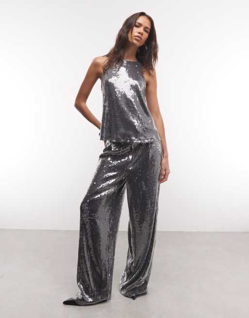 ASOS DESIGN co-ord hemdje met lovertjes en racerback in gunmetal, 2 van 4