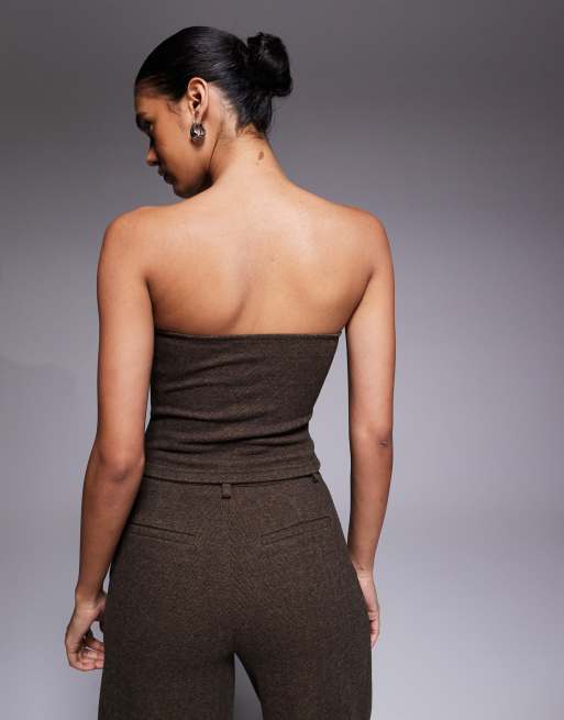 ASOS DESIGN co-ord herringbone brushed bandeau corset top in chocolate , 3 of 4