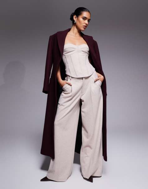 ASOS DESIGN co-ord herringbone brushed bandeau corset top & wide leg trouser n cream - view 1