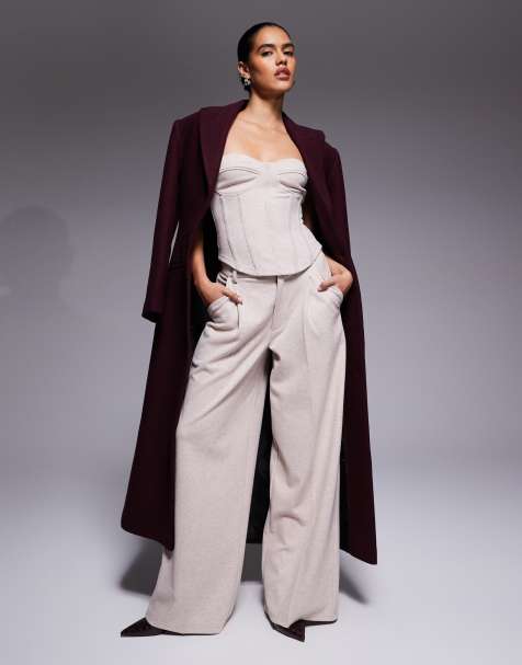 ASOS DESIGN co-ord herringbone wool look wide leg trouser in cream