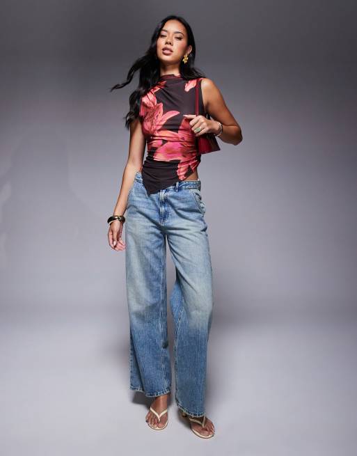 ASOS DESIGN co-ord high neck gathered asymmetrical hem slinky top in floral print, 2 of 4