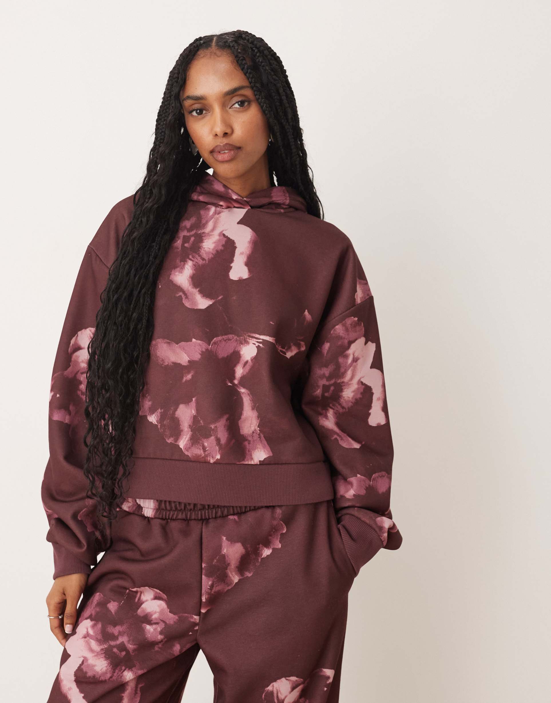 ASOS DESIGN co-ord hoodie with all over floral design in plum