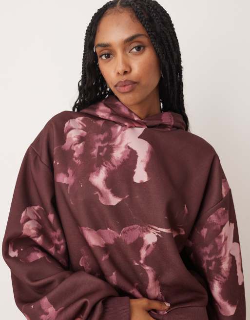 ASOS DESIGN co-ord hoodie with all over floral design in plum, 3 of 4