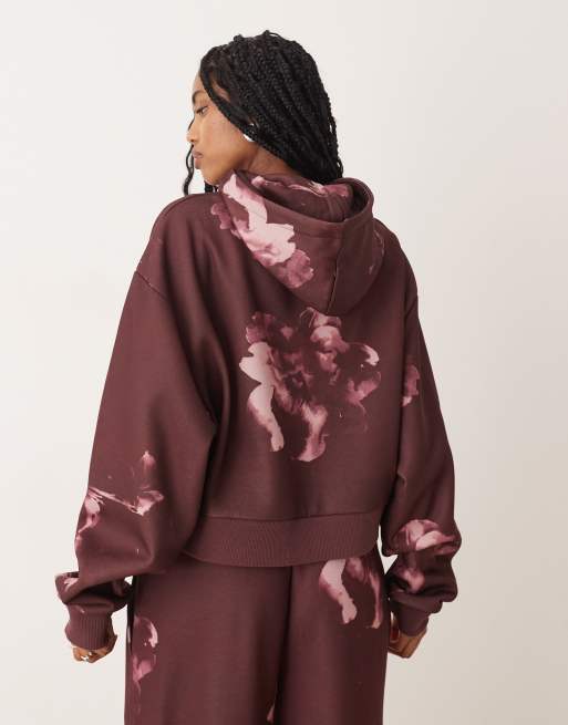 ASOS DESIGN co-ord hoodie with all over floral design in plum, 4 of 4