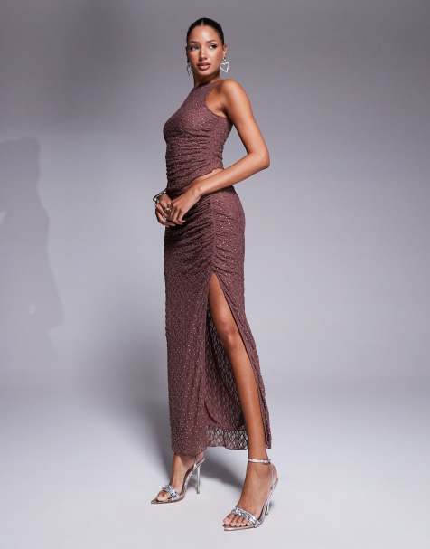 ASOS DESIGN co-ord hotfix lace ruched maxi skirt in chocolate