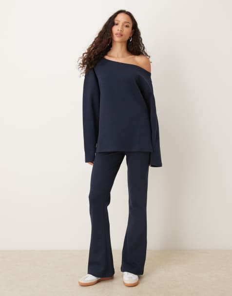 ASOS DESIGN co-ord interlock flared jogger in navy - view 1