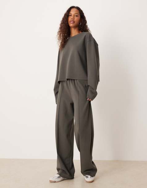 ASOS DESIGN co-ord interlock long sleeve boxy cropped t-shirt in charcoal - view 1