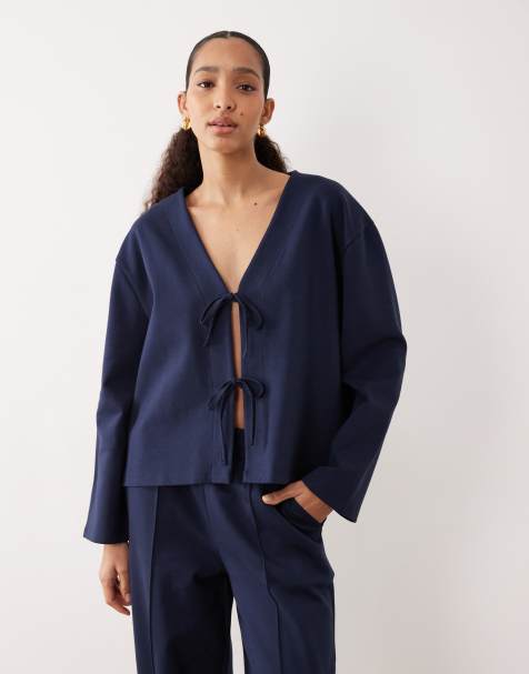 ASOS DESIGN co-ord interlock oversized top with bow tie detail in navy